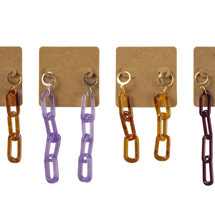 These are Glass Chain Earrings by Technicolor Tony available at Handmade Glass Co. Made locally in Denver, Colorado these vibrant jewelry pieces feature links of glass dangling from leverback earring hooks.