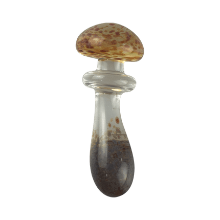 This is the Clear & Frit Mushroom Trinket by Technicolor Tony available at Handmade Glass Co. A fun glass trinket featuring an accented stem and cap with amber purple frit.