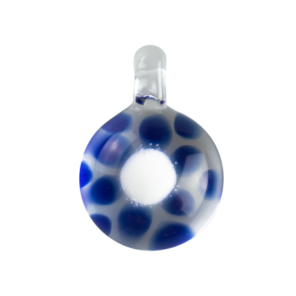 This is a Glass Dotted Pendant from Technicolor Tony available at Handmade Glass Co. Cobalt dots behind a white center creates a fun optical illusion, featuring a clear loop at the top so it can easily be worn as a necklace.