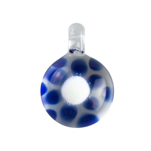 This is a Glass Dotted Pendant from Technicolor Tony available at Handmade Glass Co. Cobalt dots behind a white center creates a fun optical illusion, featuring a clear loop at the top so it can easily be worn as a necklace.
