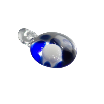 This is a Glass Dotted Pendant from Technicolor Tony available at Handmade Glass Co. Cobalt dots behind a white center creates a fun optical illusion, featuring a clear loop at the top so it can easily be worn as a necklace.