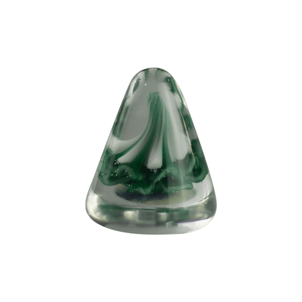 This is the Winter Evergreen Paperweight by Biting Glass available at Handmade Glass Co. A sleek wintry glass decoration featuring a vibrant green snow capped tree inside.