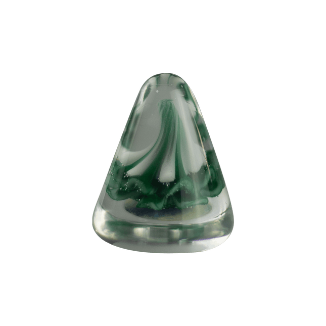 This is the Winter Evergreen Paperweight by Biting Glass available at Handmade Glass Co. A sleek wintry glass decoration featuring a vibrant green snow capped tree inside.