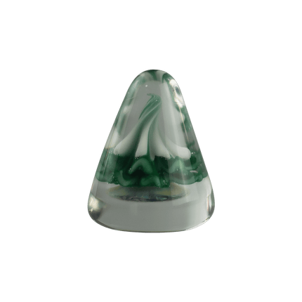 This is the Winter Evergreen Paperweight by Biting Glass available at Handmade Glass Co. A sleek wintry glass decoration featuring a vibrant green snow capped tree inside.
