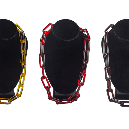 This is a set of Yellow, Orange and Red Glass Chain Necklaces by Technicolor Tony available at Handmade Glass Co. Featuring handmade glass links these beautiful chains work great as bracelets as well.