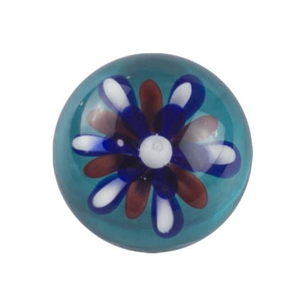 This is the Fireworks Marble by Biting Glass available at Handmade Glass Co. A fun red, white & blue handmade borosilicate glass marble backed by sparkly blue.