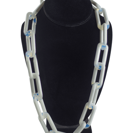 This is the Ghost Glass Chain Necklace by Technicolor Tony available at Handmade Glass Co. This stunning handmade glass necklace features vibrant colors and refined craftsmanship.