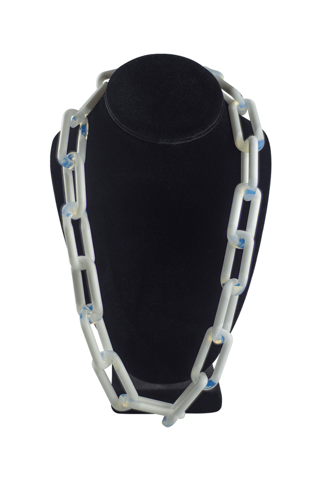 This is the Ghost Glass Chain Necklace by Technicolor Tony available at Handmade Glass Co. This stunning handmade glass necklace features vibrant colors and refined craftsmanship.