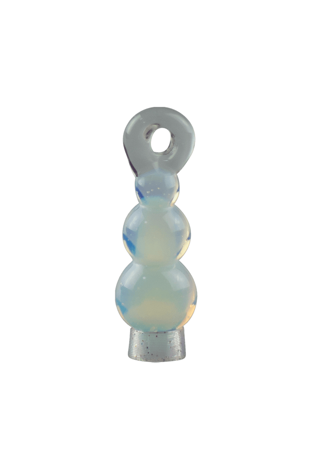 These are Snowman Ornaments by Biting Glass available at Handmade Glass Co. These fun seasonal ornaments also work as pendants and feature vibrant glass colors.