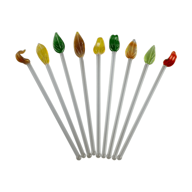 These are handmade Glass Leaf Cocktail Swizzle Sticks by Biting Glass available at Handmade Glass Co. Featuring vibrant glass leaf toppers and rounded bottom to easily stir up your favorite drink.