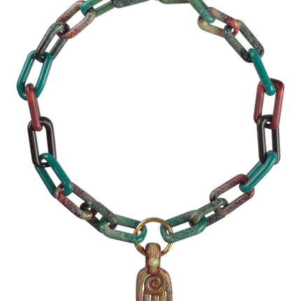 This is a collab glass chain necklace by Technicolor Tony & Maze Glass available at Handmade Glass Co. Made here in Denver and featuring accents from both artists this is a one-of-a-kind impressive glass masterpiece.
