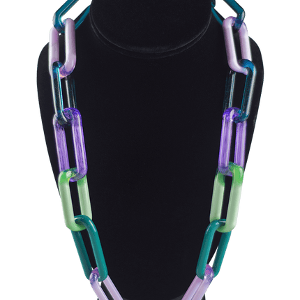 This is the Multi-Color Glass Chain Necklace by Technicolor Tony available at Handmade Glass Co. A vibrant handmade glass chain featuring a variety of stunning glass colors.