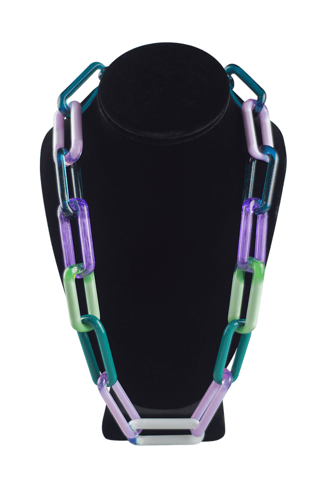 This is the Multi-Color Glass Chain Necklace by Technicolor Tony available at Handmade Glass Co. A vibrant handmade glass chain featuring a variety of stunning glass colors.