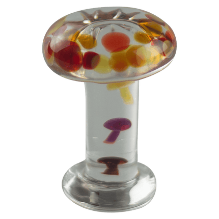 This is the Mushroom Desk Sculpture by Biting Glass available at Ritual Colorado. A sleek glass sculpture featuring colorful mushrooms stacked inside the stem of a large clear mushroom.