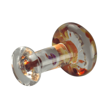 This is the Mushroom Desk Sculpture by Biting Glass available at Ritual Colorado. A sleek glass sculpture featuring colorful mushrooms stacked inside the stem of a large clear mushroom.