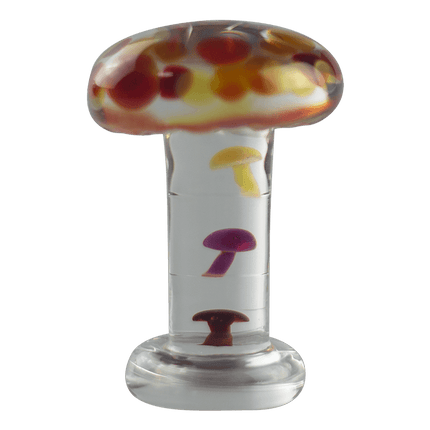 This is the Mushroom Desk Sculpture by Biting Glass available at Ritual Colorado. A sleek glass sculpture featuring colorful mushrooms stacked inside the stem of a large clear mushroom.