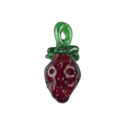 These are Strawberry Glass Pendants by Technicolor Tony available at Handmade Glass Co. Featuring vibrant textured red bodies accented by green leaves and a sparkly bail.
