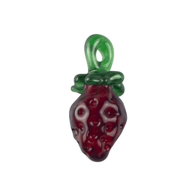 These are Strawberry Glass Pendants by Technicolor Tony available at Handmade Glass Co. Featuring vibrant textured red bodies accented by green leaves and a sparkly bail.