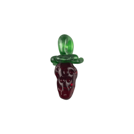 These are Strawberry Glass Pendants by Technicolor Tony available at Handmade Glass Co. Featuring vibrant textured red bodies accented by green leaves and a sparkly bail.