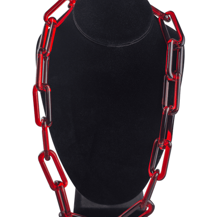 This is the Orange Elvis Glass Chain Necklace by Technicolor Tony available at Handmade Glass Co. Featuring handmade glass links these beautiful chains work great as bracelets as well.