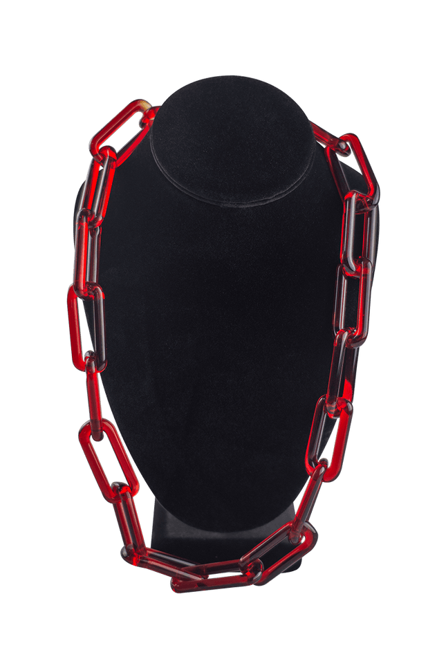 This is the Orange Elvis Glass Chain Necklace by Technicolor Tony available at Handmade Glass Co. Featuring handmade glass links these beautiful chains work great as bracelets as well.