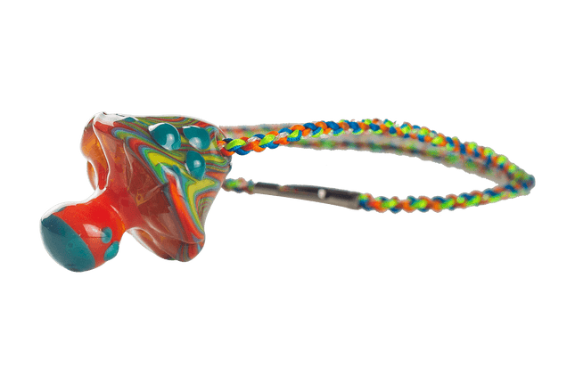 This is the psychedelic mushroom pendant from technicolor tony available at Handmade Glass Co.  The beautiful glass pendant comes with a Knotty Laces including clasp so you can wear it around and show off this beautiful glass creation.