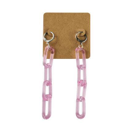 These are Pink Lollipop Glass Chain Earrings by Technicolor Tony available at Handmade Glass Co. Made locally in Denver, Colorado these vibrant jewelry pieces feature links of glass dangling from leverback earring hooks.