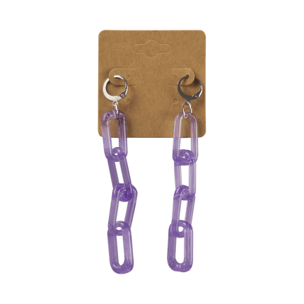 These are Purple Lollipop Glass Chain Earrings by Technicolor Tony available at Handmade Glass Co. Made locally in Denver, Colorado these vibrant jewelry pieces feature links of glass dangling from leverback earring hooks.