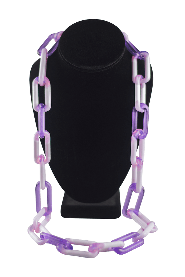 This is the Pink Slyme & Purple Lollipop Glass Chain Necklace by Technicolor Tony available at Handmade Glass Co. This stunning handmade glass necklace features vibrant colors and refined craftsmanship.