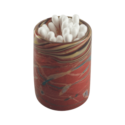 This is the Red Open Top Jar by Maze Glass available at Handmade Glass Co. Perfect for cotton swabs or q-tips this is a beautiful and functional glass jar.