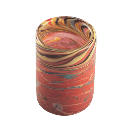 This is the Red Open Top Jar by Maze Glass available at Handmade Glass Co. Perfect for cotton swabs or q-tips this is a beautiful and functional glass jar.