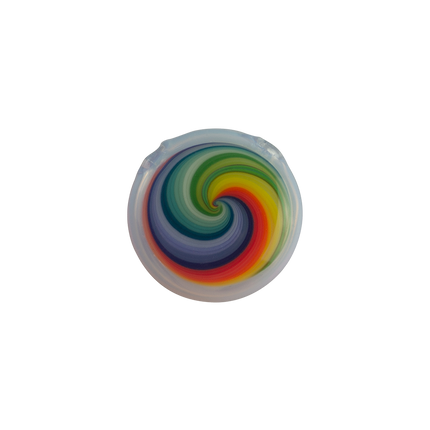 This is the Rainbow Ghost Disc Pendant from Technicolor Tony available at Handmade Glass Co. The beautiful rainbow pendant makes for a fun jewelry piece and accessory!