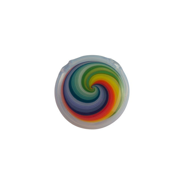 This is the Rainbow Ghost Disc Pendant from Technicolor Tony available at Handmade Glass Co. The beautiful rainbow pendant makes for a fun jewelry piece and accessory!