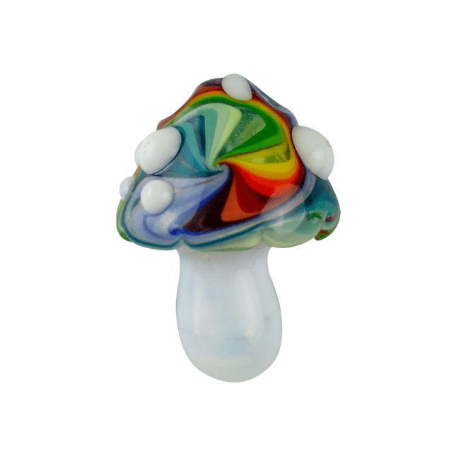 This is the Rainbow Mushroom Pendant from Technicolor Tony available at Handmade Glass Co. This beautiful wearable piece of glass art features holes at the top so you can string it onto a necklace.