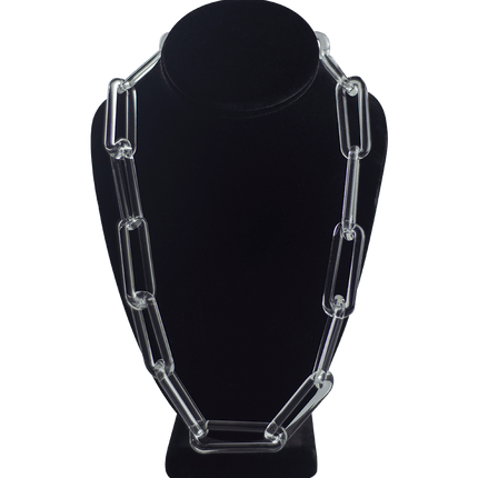 This is the Medium(L) Clear Glass Chain Necklace by Technicolor Tony available at Handmade Glass Co. Featuring handmade glass links these beautiful chains are made here locally in Denver, Colorado.