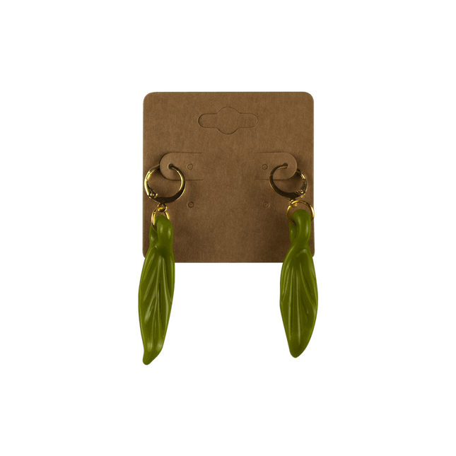 These are Leaf Dangle Earrings by Technicolor Tony available at Handmade Glass Co. Featuring vibrant glass leaves on gold hardware and made locally here in Denver.